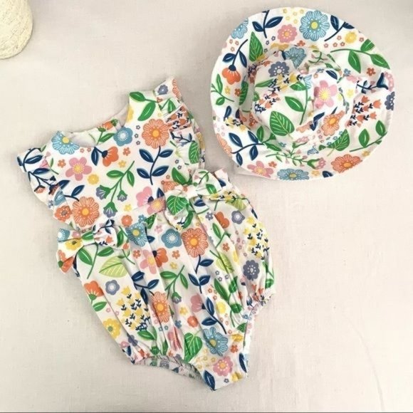 Good Lad Girl's Summer Floral Romper and Sun Hat Combo sz 6M New Cotton - Picture 1 of 7